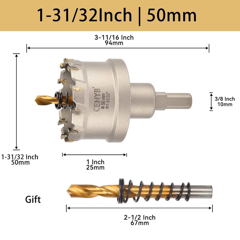 cenyb 1-31/32"(50mm) Tungsten Carbide Tipped Hole Saw with 2Pcs Titanium-Plated Pilot Drill Bits for Hard Metal,Stainless Steel,Iron,Aluminum Alloy,Wood and Plastic - Image 2